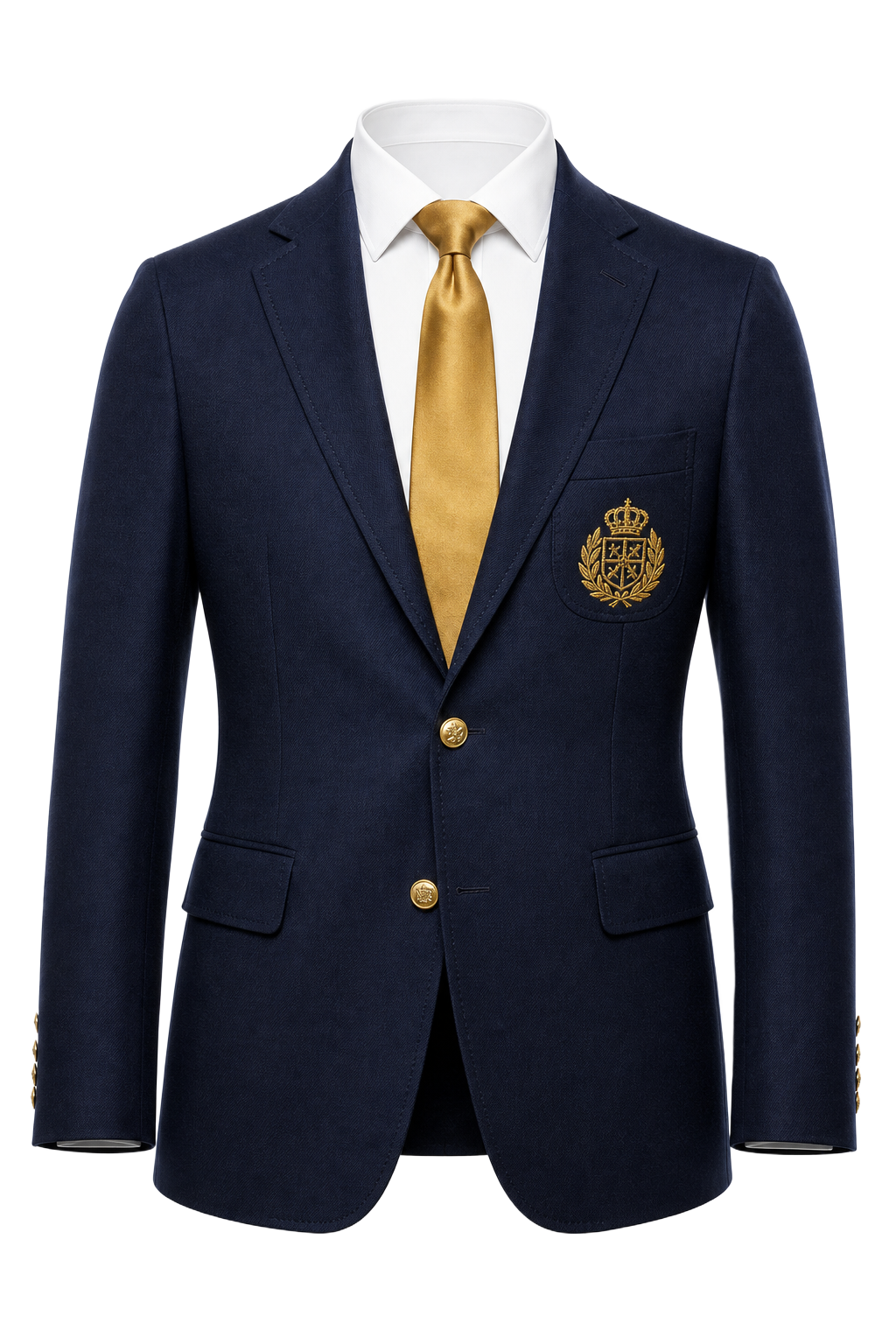 Premium navy blazer with embroidered crest, golden tie and brass buttons