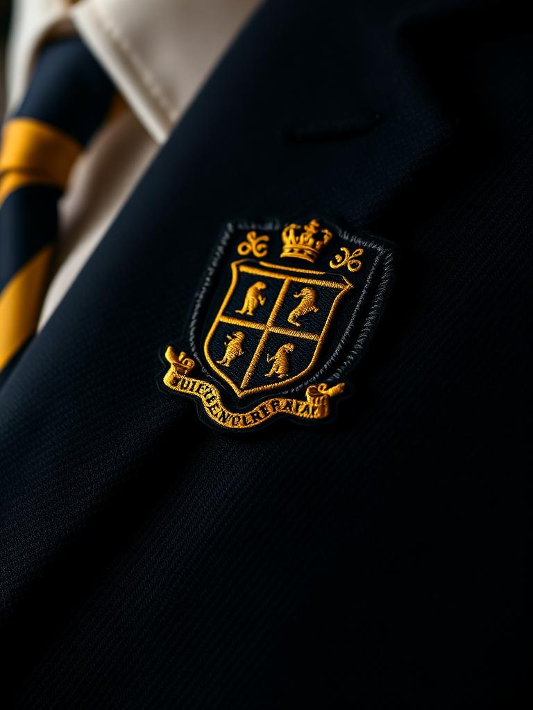 Embroidered school crest on navy blazer